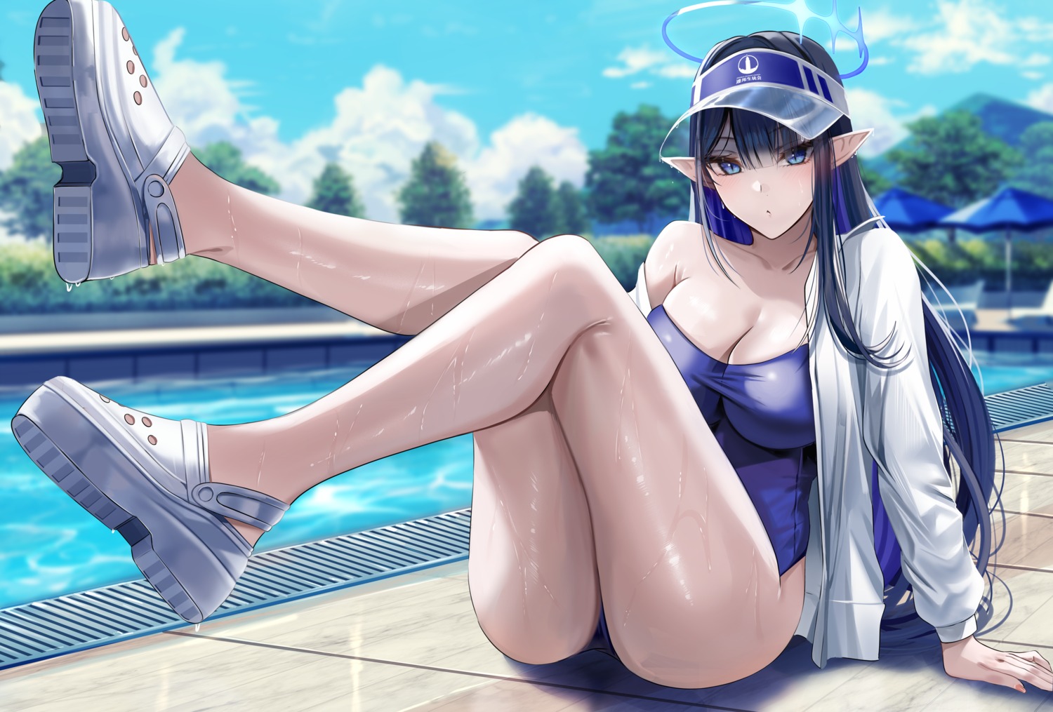 blue_archive halo nanagami_rin nick_(nikek96) pointy_ears swimsuits wet