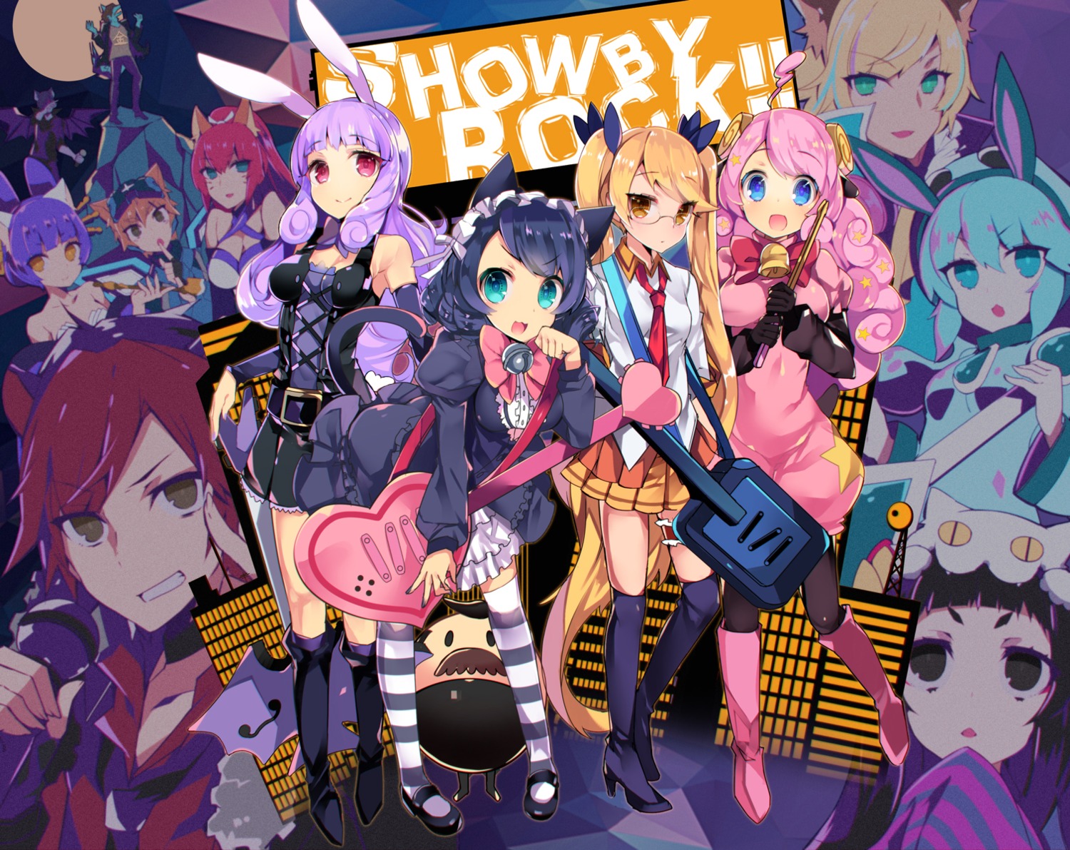 animal_ears bunny_ears chuchu_(show_by_rock!!) cyan_(show_by_rock!!) dress guitar heels megane moa_(show_by_rock!!) nekomimi pantyhose retoree_(show_by_rock!!) show_by_rock!! tetsubuta thighhighs