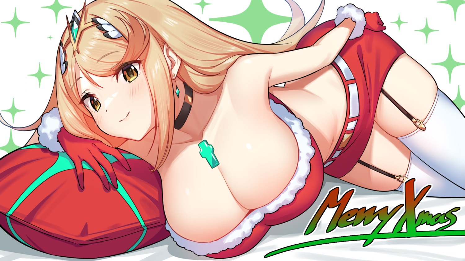 christmas green322 hikari_(xenoblade_2) no_bra stockings thighhighs wallpaper xenoblade_(series) xenoblade_2