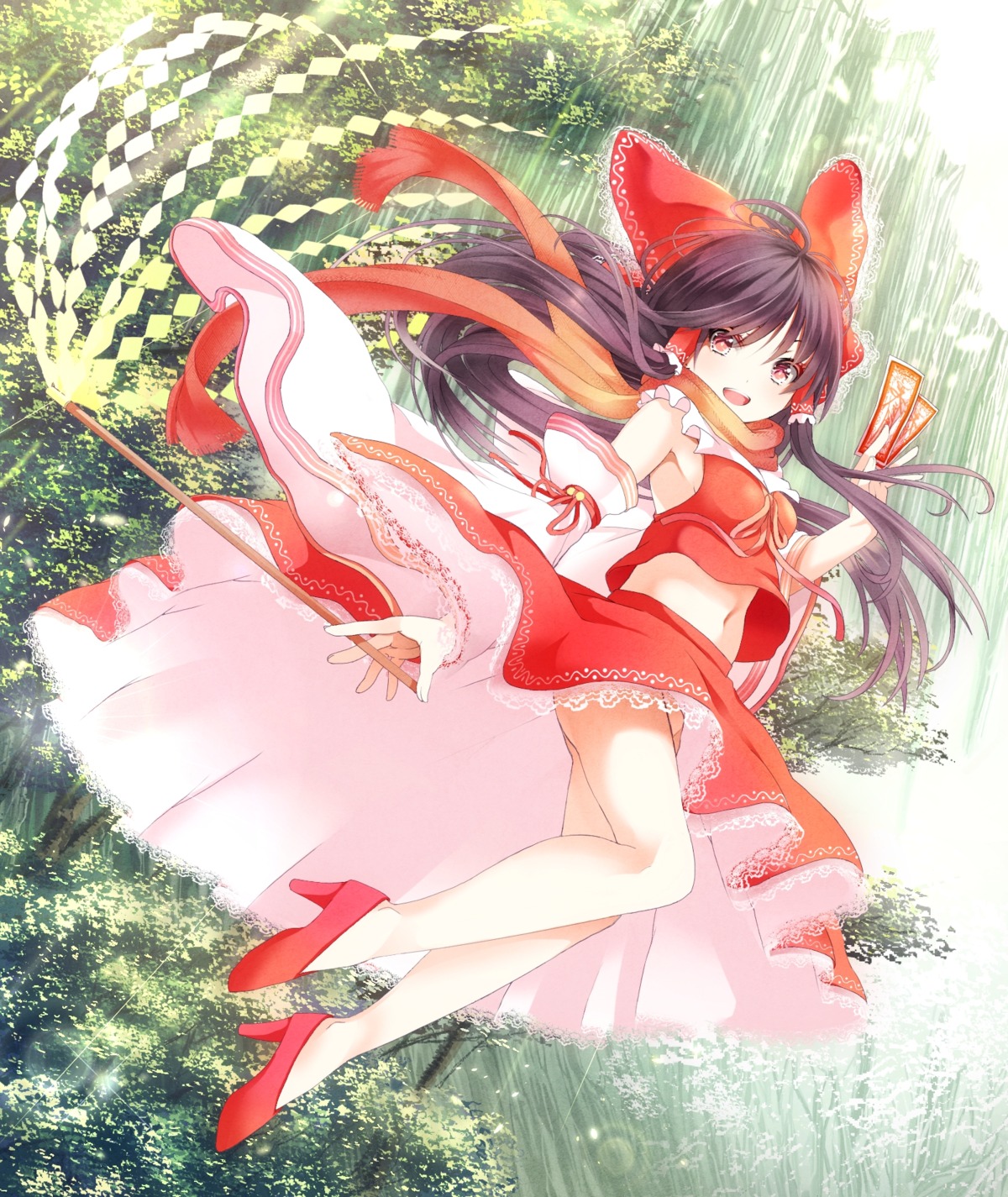 hakurei_reimu heels miko mikoma_sanagi nopan shirt_lift skirt_lift touhou