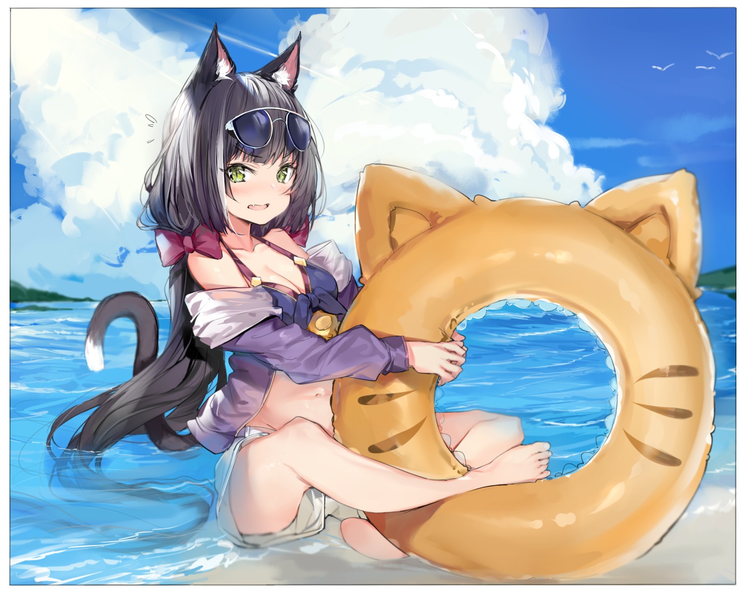 animal_ears bikini_top cleavage karyl_(princess_connect) megane open_shirt princess_connect princess_connect!_re:dive silver_(chenwen) swimsuits tail wet