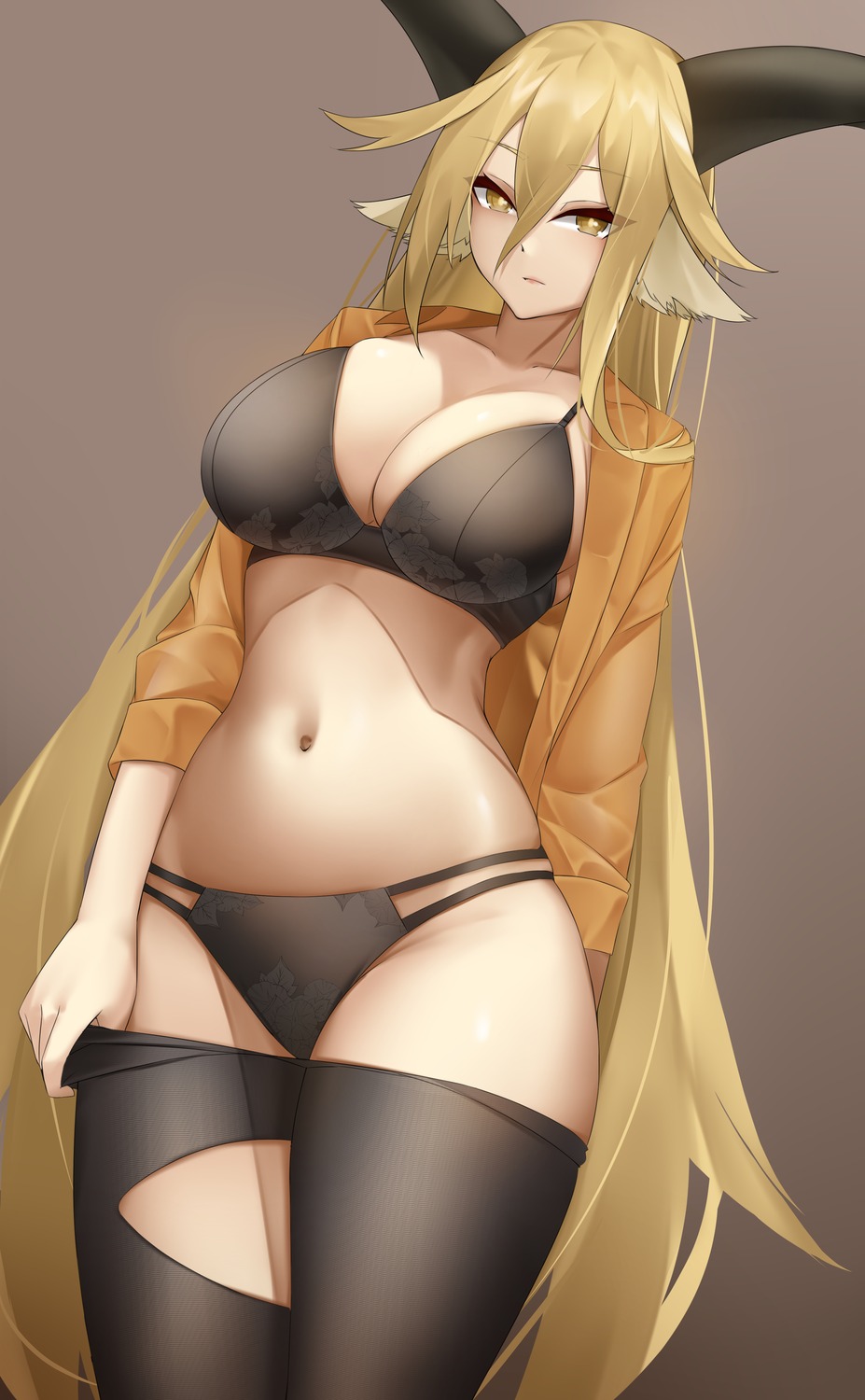 animal_ears arknights bra casperrin degenbrecher_(arknights) horns open_shirt pantsu pantyhose torn_clothes undressing