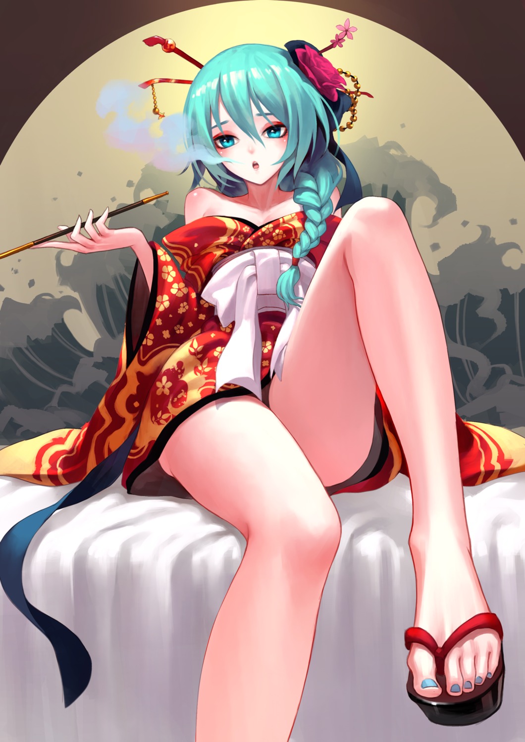 feet hatsune_miku kimono open_shirt smoking vocaloid zengxianxin