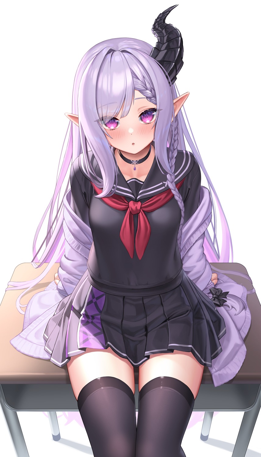 horns pointy_ears seifuku suraimu_(suraimuraimu) sweater thighhighs