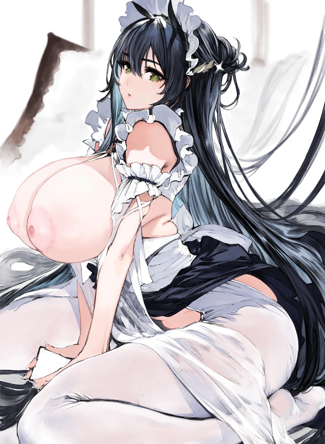 azur_lane breasts houden_eizou indomitable_(azur_lane) maid nipples no_bra pantsu pantyhose thighhighs