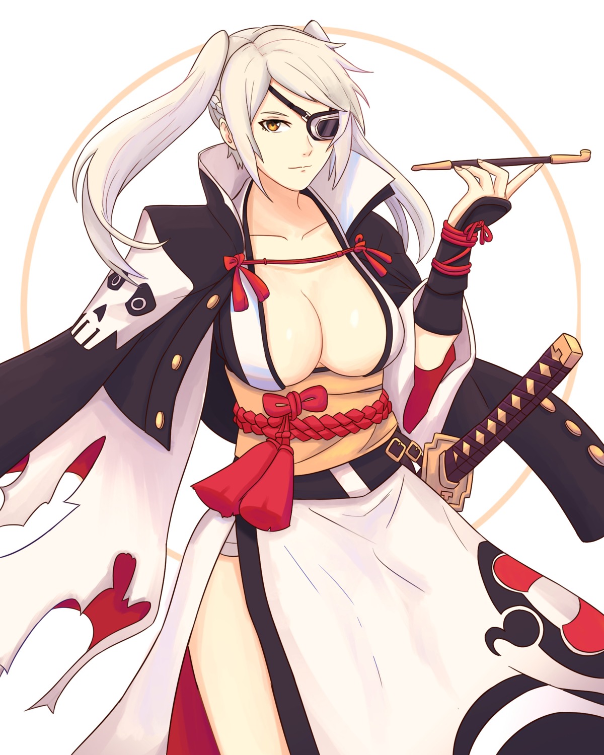 baiken cosplay daraen eyepatch fire_emblem fire_emblem_kakusei guilty_gear japanese_clothes no_bra open_shirt robin_(fire_emblem) sword truejekart