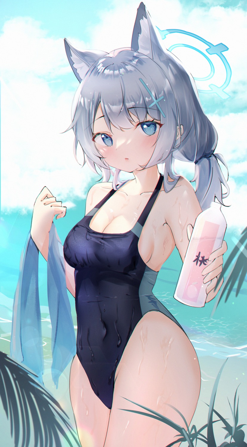 animal_ears blue_archive halo nekomimi sunaookami_shiroko swimsuits usagi_(786113654) wet