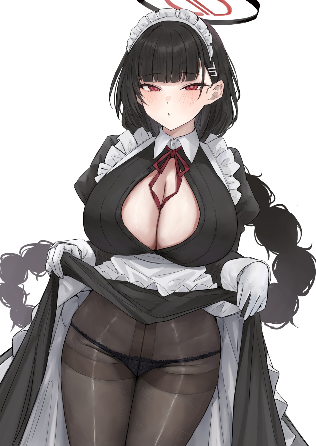 blue_archive halo hangetsu15 maid no_bra open_shirt pantsu pantyhose skirt_lift tsukatsuki_rio