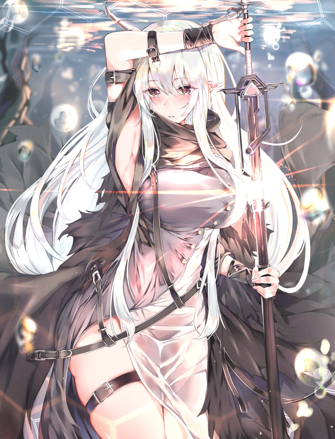 arknights bannou_ippoutsukou dress garter pointy_ears see_through shining_(arknights) sword