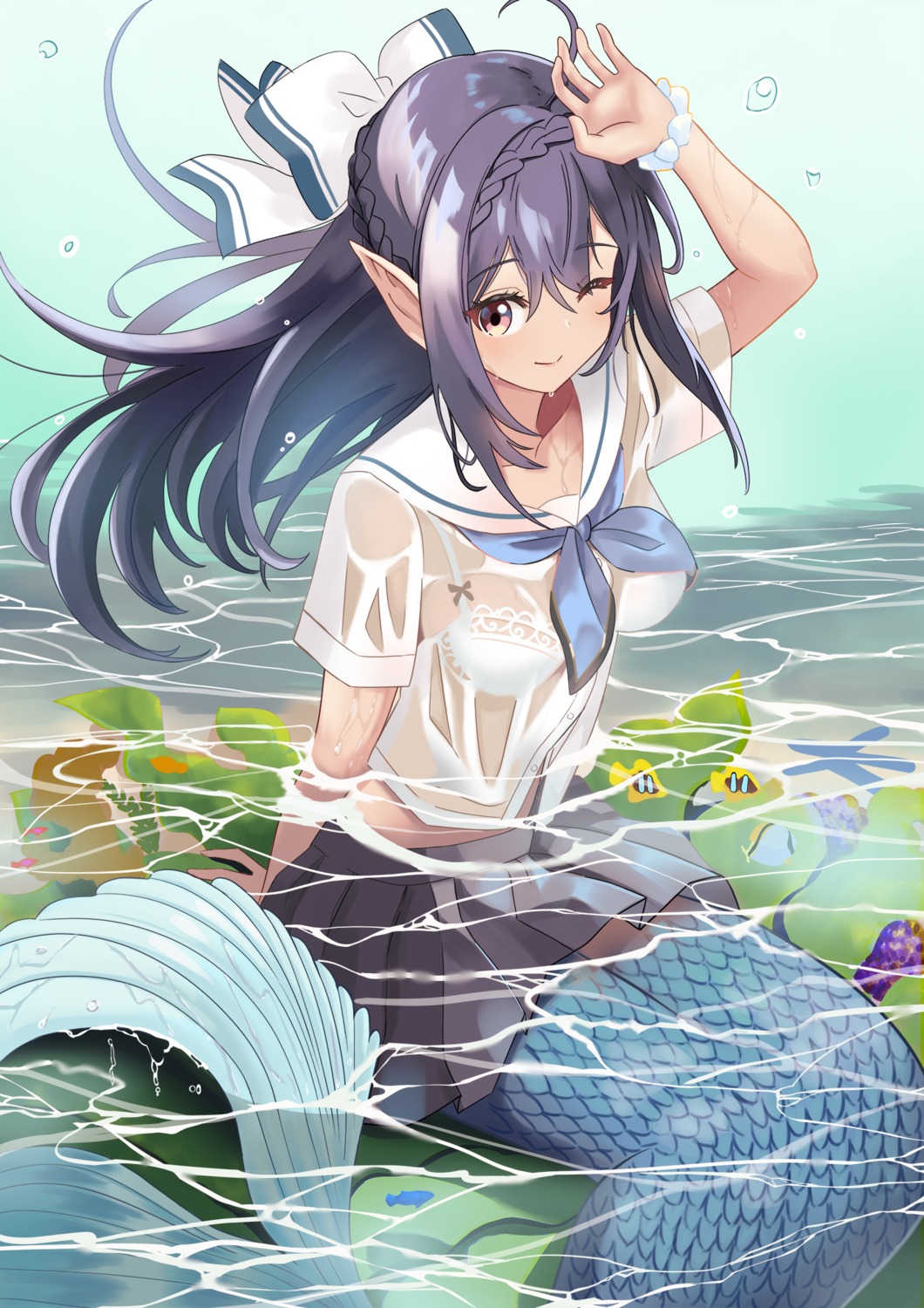 bra manjirou_(manji_illust) mermaid pointy_ears see_through seifuku wet wet_clothes