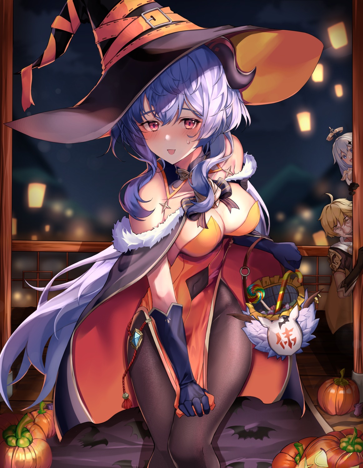 aether dress ganyu genshin_impact halloween horns no_bra paimon pantyhose pengrani witch