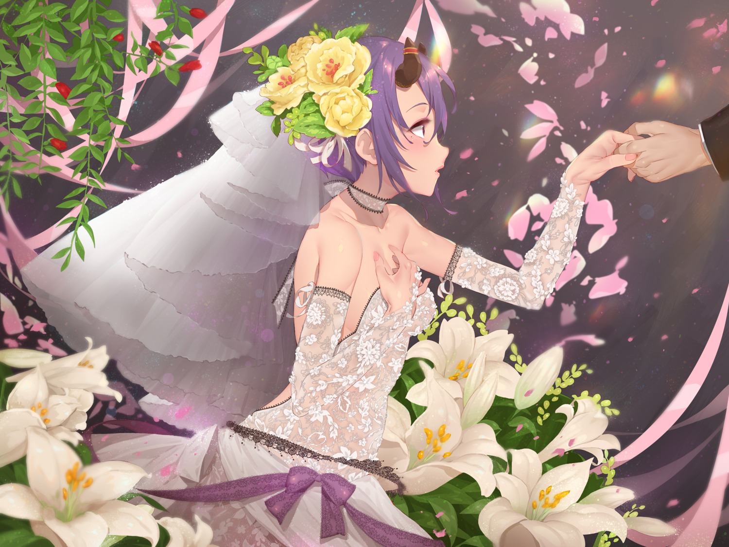 breast_hold dress horns kamiki_shinobu no_bra princess_connect princess_connect!_re:dive see_through waterring wedding_dress
