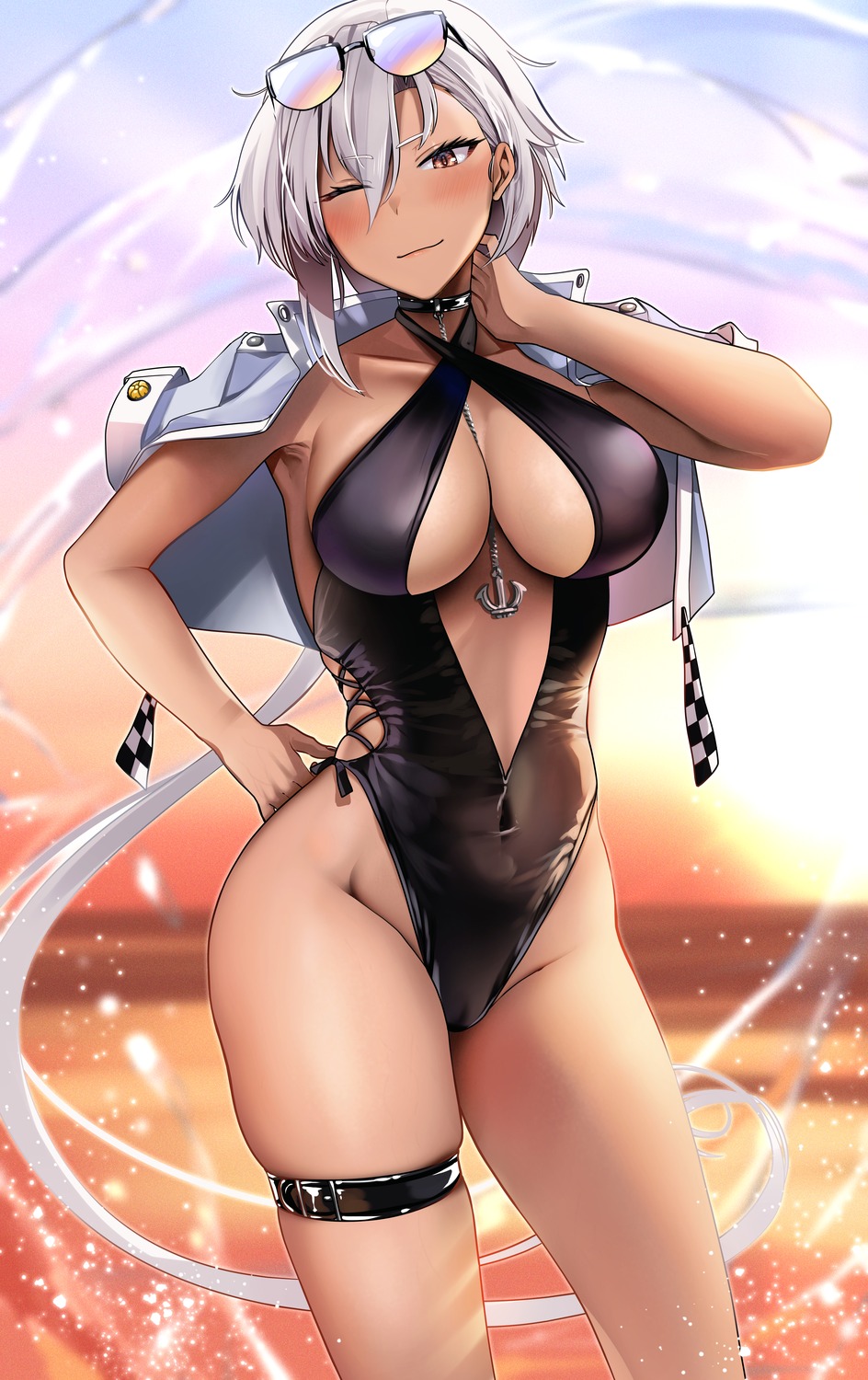 garter kantai_collection megane musashi_(kancolle) swimsuits yunamaro