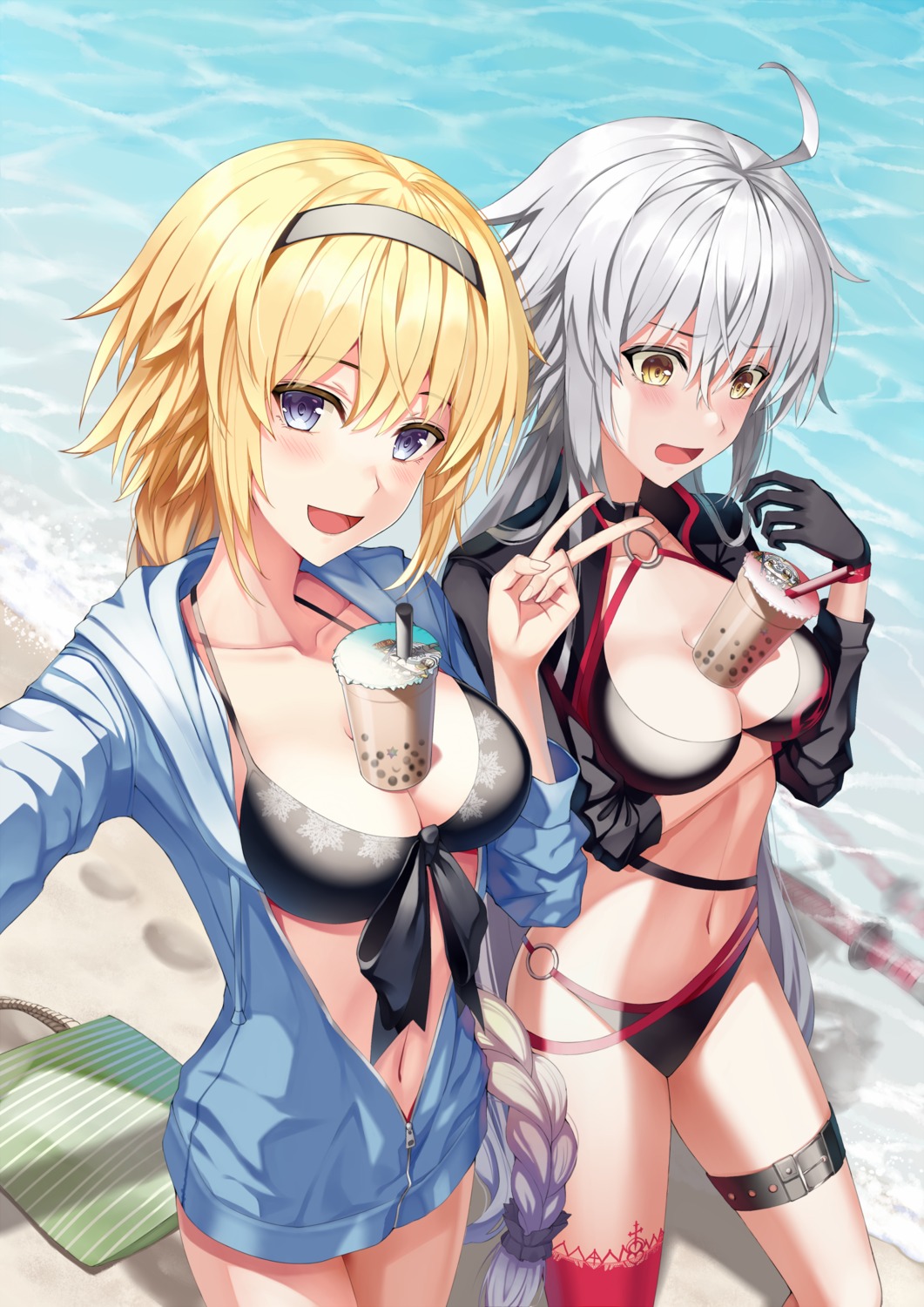 bikini fate/grand_order garter jeanne_d'arc jeanne_d'arc_(alter)_(fate) jeanne_d'arc_(fate) open_shirt swimsuits thighhighs z1npool