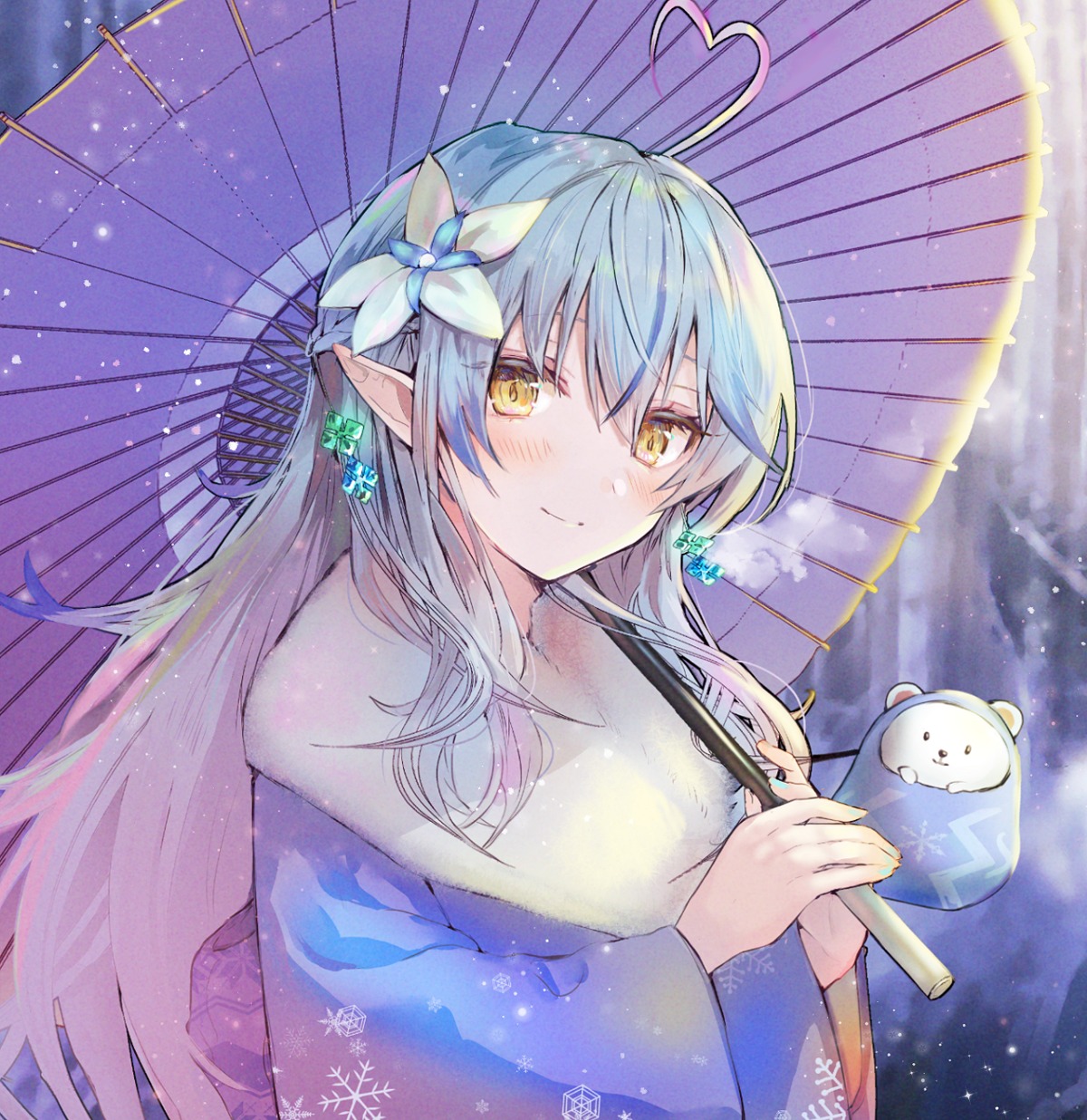 elf hololive kimono pointy_ears tomozero umbrella yukihana_lamy