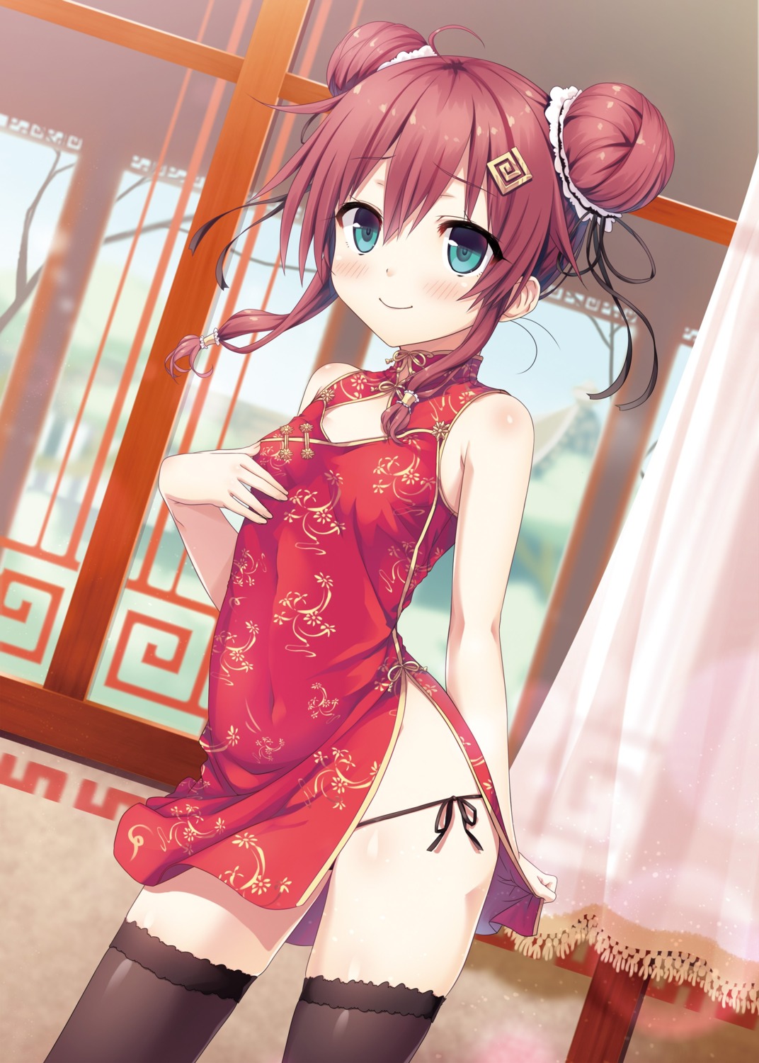 breast_hold chinadress cura lose maitetsu migita_hibiki pantsu string_panties thighhighs