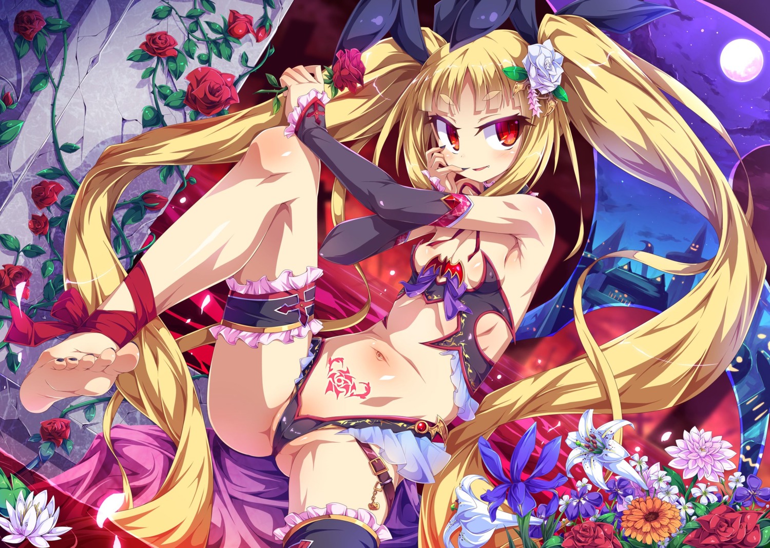 animal_ears blazblue bunny_ears cameltoe cleavage erect_nipples feet garter lingerie loli no_bra pantsu rachel_alucard tattoo thong toraishi_666 wings