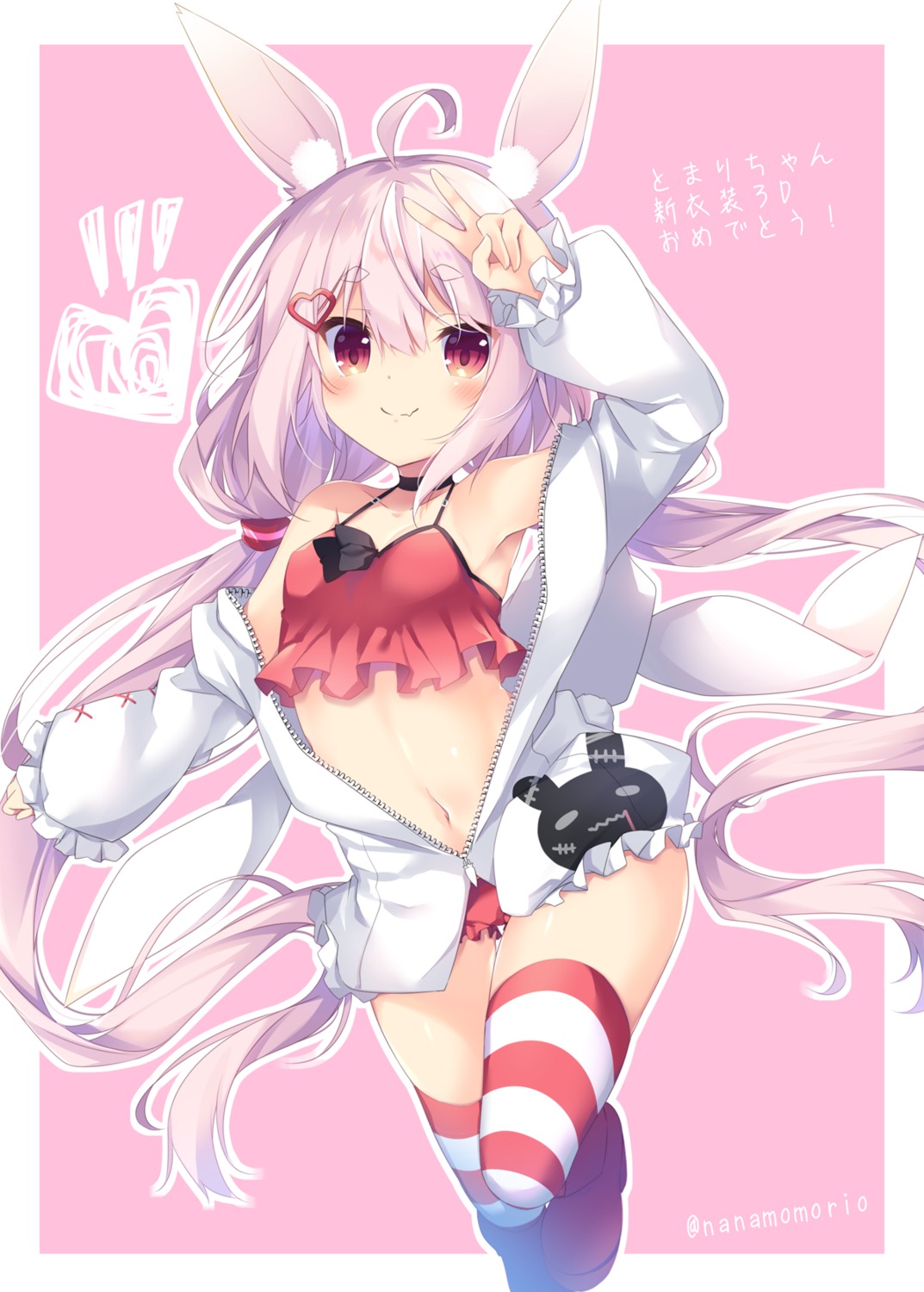 animal_ears bikini bunny_ears nanamomo_rio open_shirt swimsuits thighhighs tomari_mari tomari_mari_channel