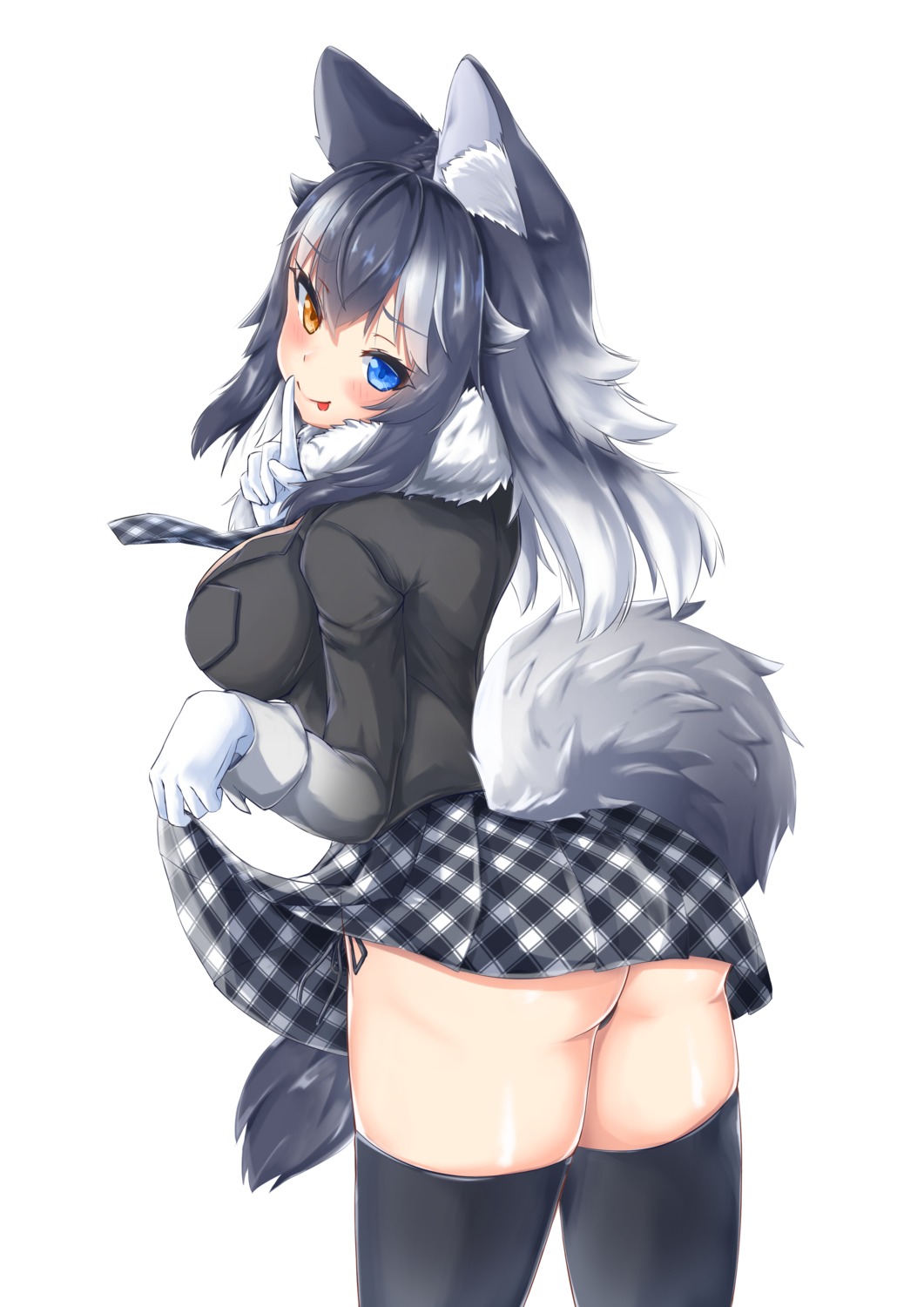 animal_ears ass gray_fox heterochromia kemono_friends kitsune pantsu skirt_lift string_panties tail thighhighs thong yeo_arin