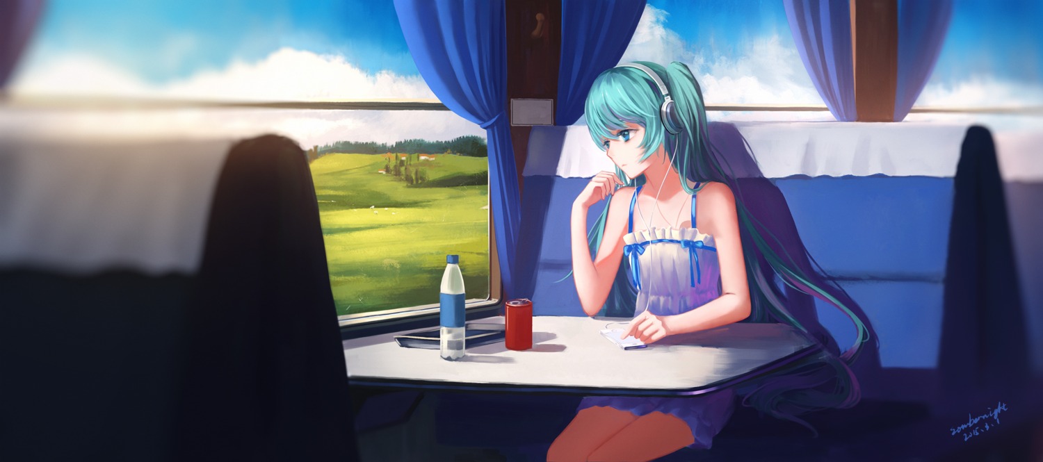 dress hatsune_miku headphones landscape sombernight summer_dress vocaloid