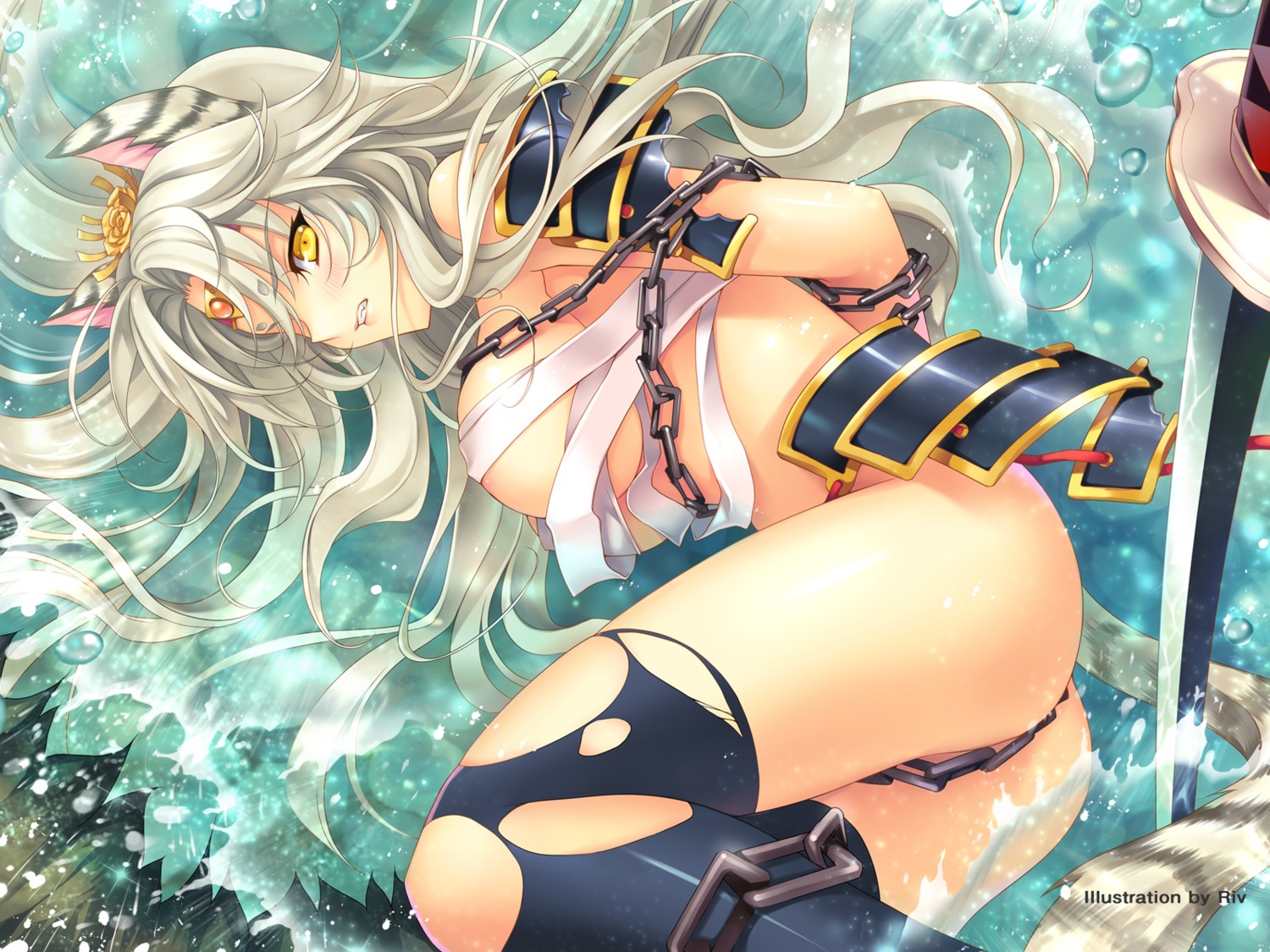 animal_ears areola armor bondage erect_nipples nekomimi nopan riv sarashi sword thighhighs torn_clothes wallpaper