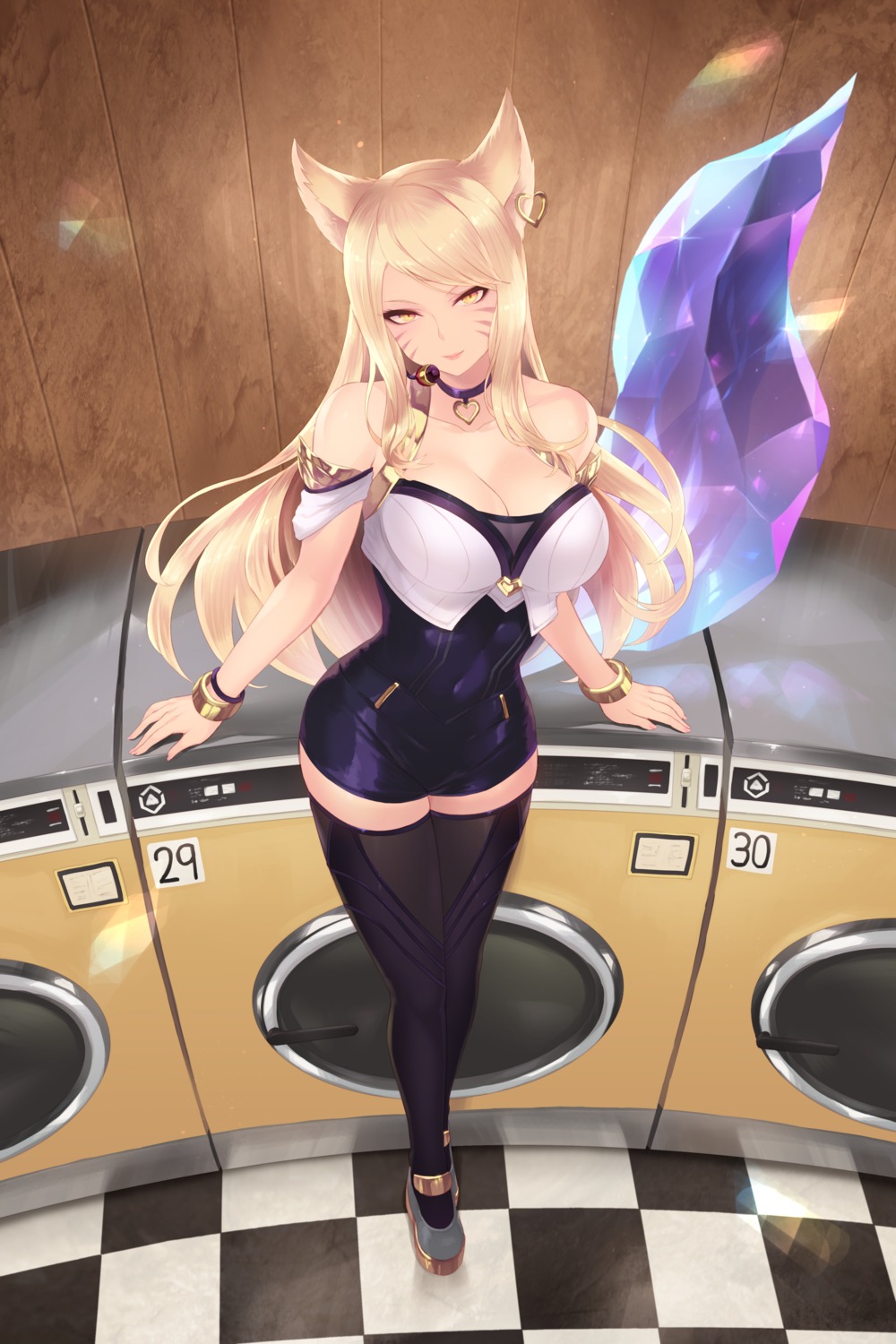ahri animal_ears cait cleavage league_of_legends tail thighhighs