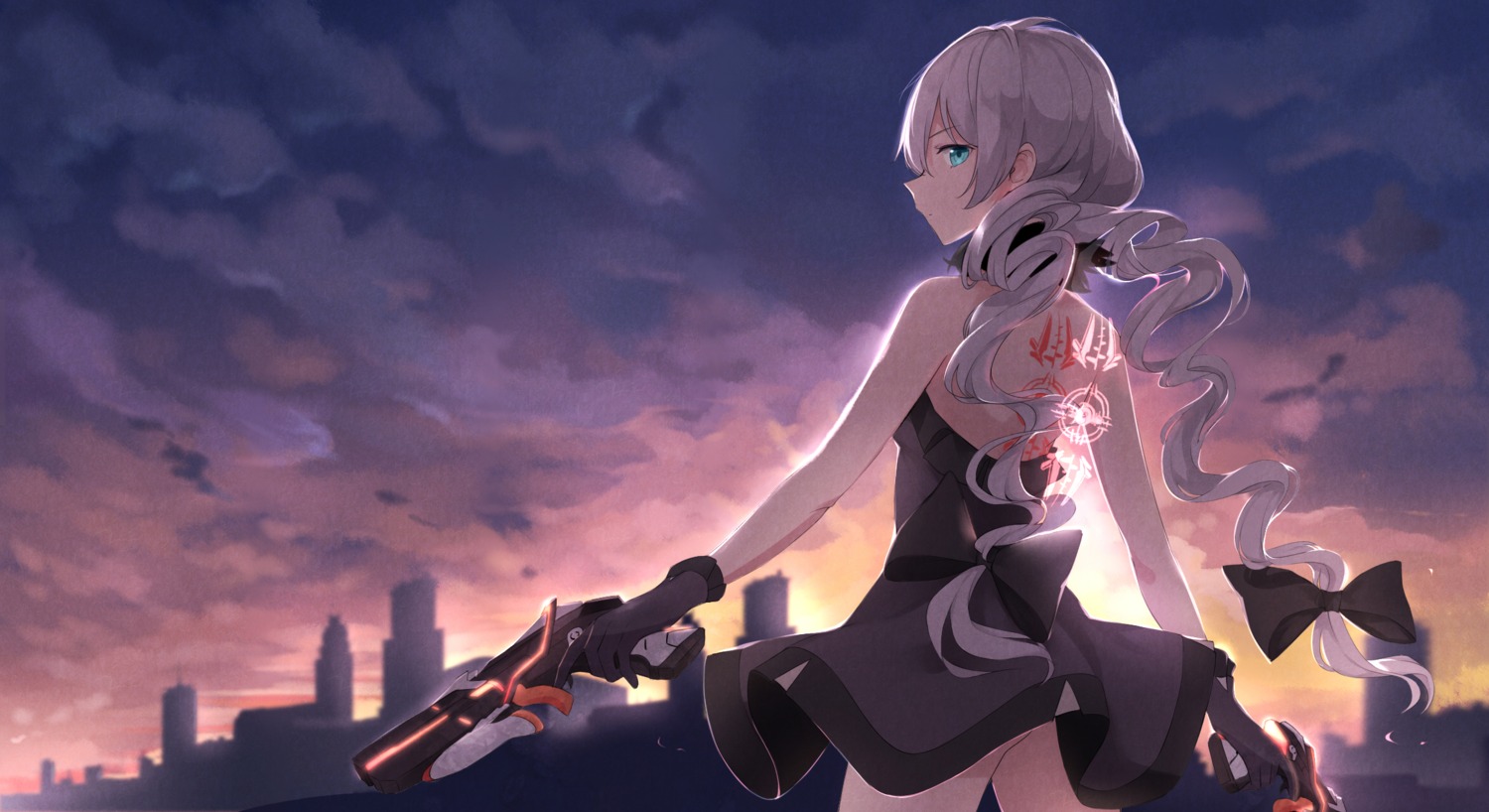 ass benghuai_xueyuan dress gun honkai_impact kiana_kaslana skirt_lift tattoo user_nexz2257