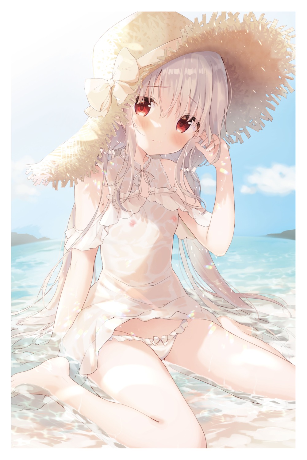 amedama_con dress no_bra pantsu see_through shirousa_mei summer_dress wet wet_clothes