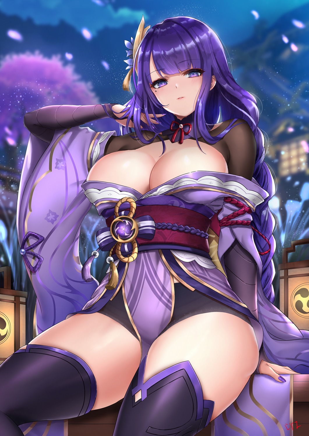 cyicheng genshin_impact japanese_clothes no_bra open_shirt raiden_shogun thighhighs