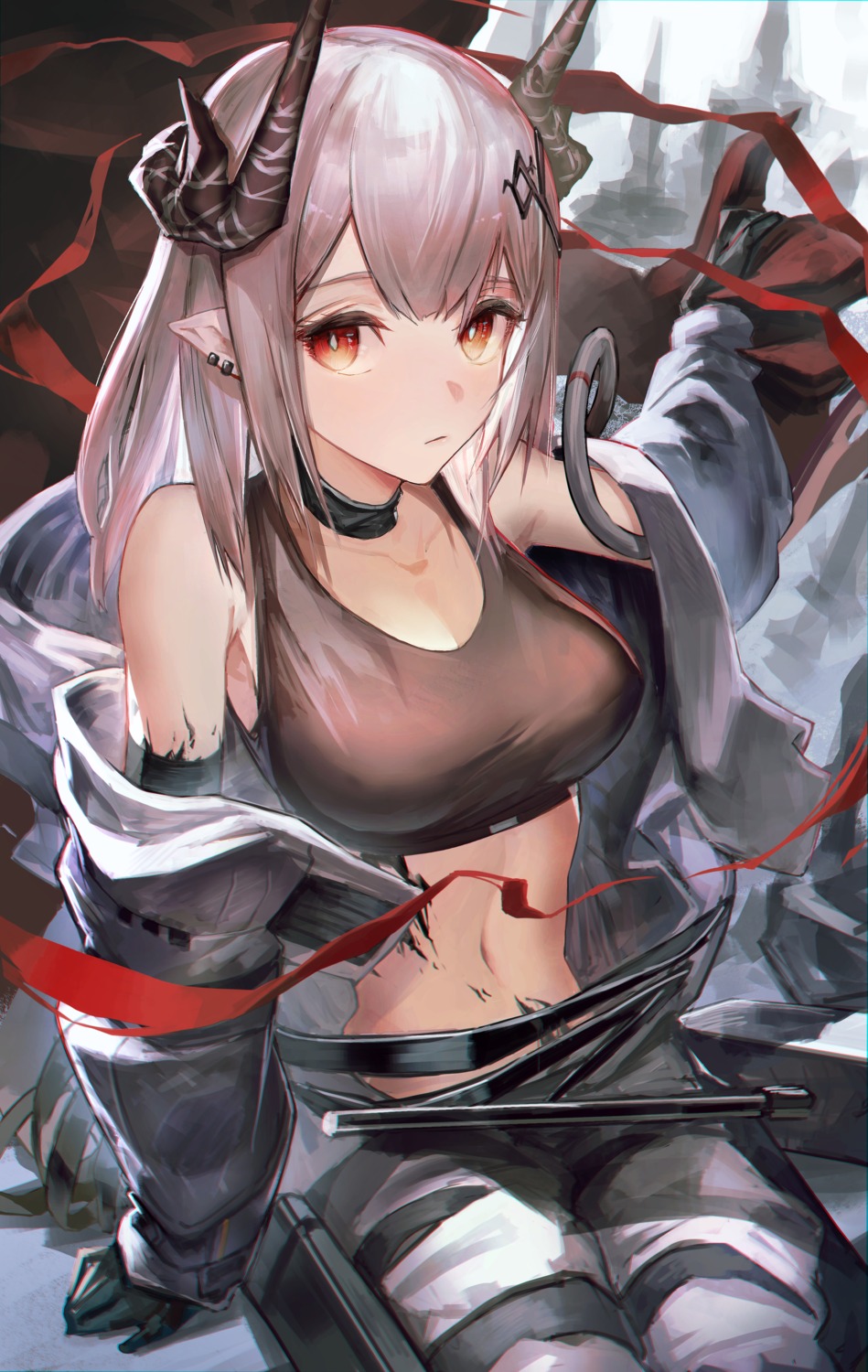 arknights horns karasuro mudrock_(arknights) no_bra pointy_ears see_through