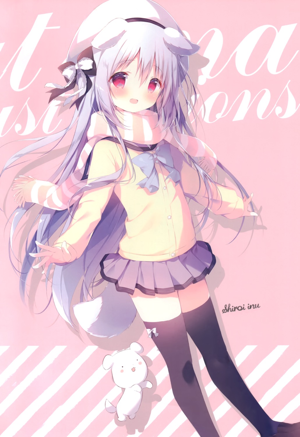 animal_ears inumimi seifuku shiratama shiratamaco shiroi_inu skirt_lift sweater tail thighhighs