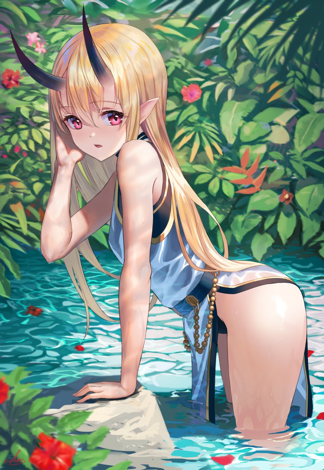 chinadress horns pantsu pointy_ears see_through sion_(9117) wet wet_clothes