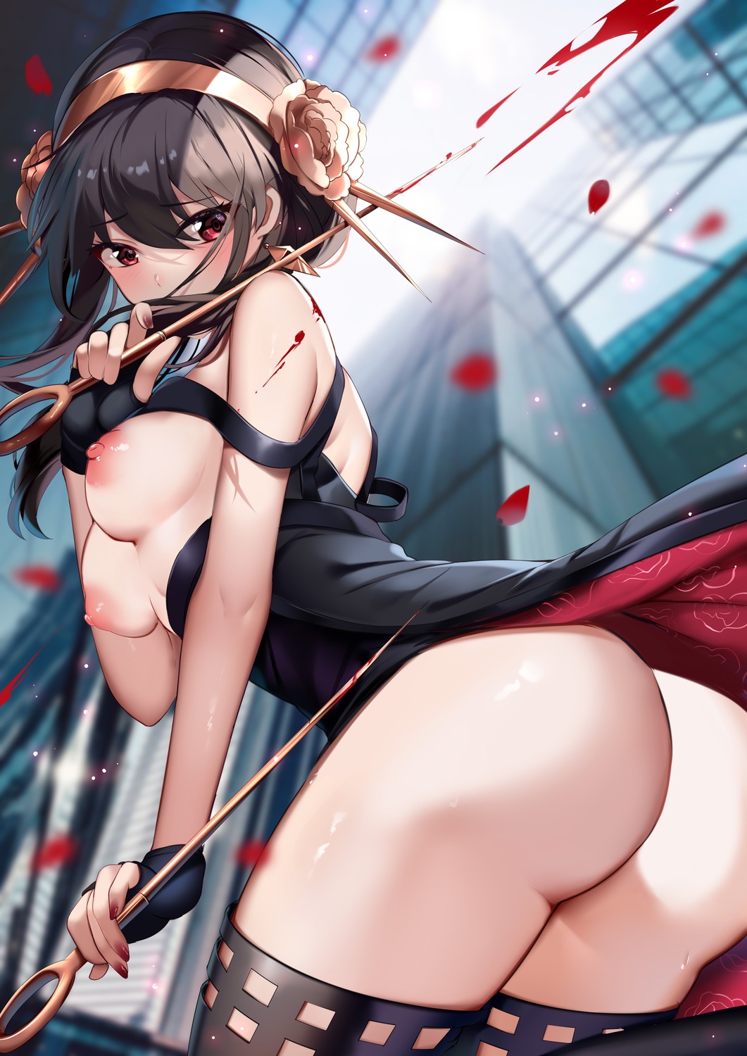 ass dress nipples no_bra nopan skirt_lift spy_x_family squchan weapon yor_briar