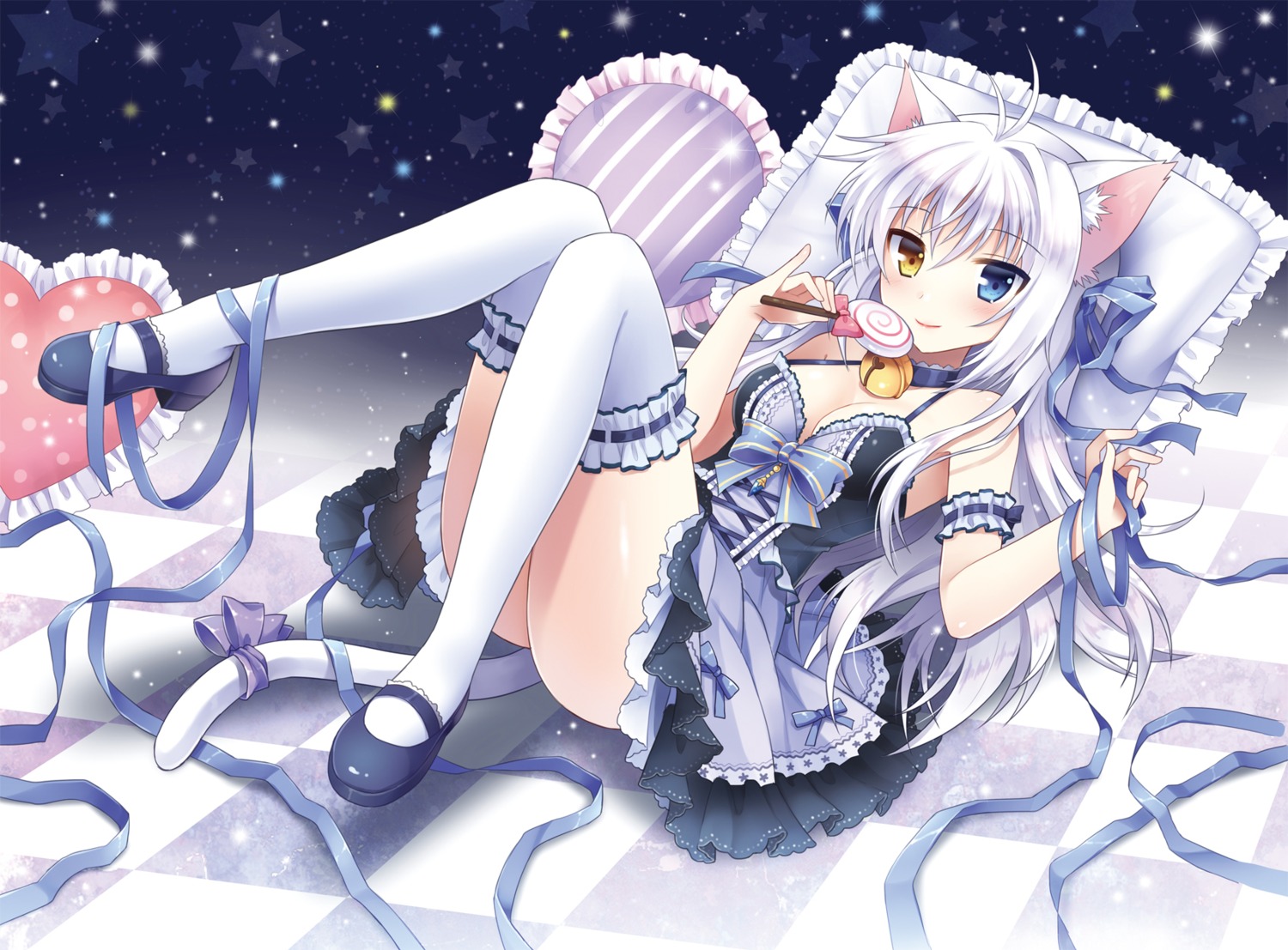 aina_rive animal_ears cleavage heterochromia mauve nekomimi nopan tail thighhighs