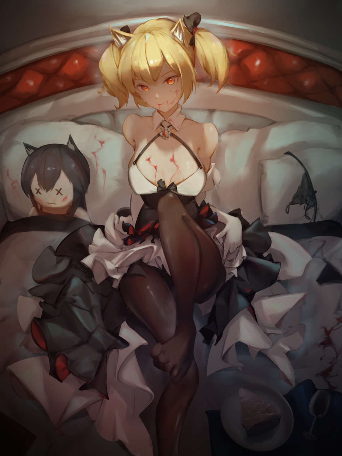 animal_ears arknights blood eyyy feet no_bra pantsu pantyhose skirt_lift sora_(arknights) torn_clothes