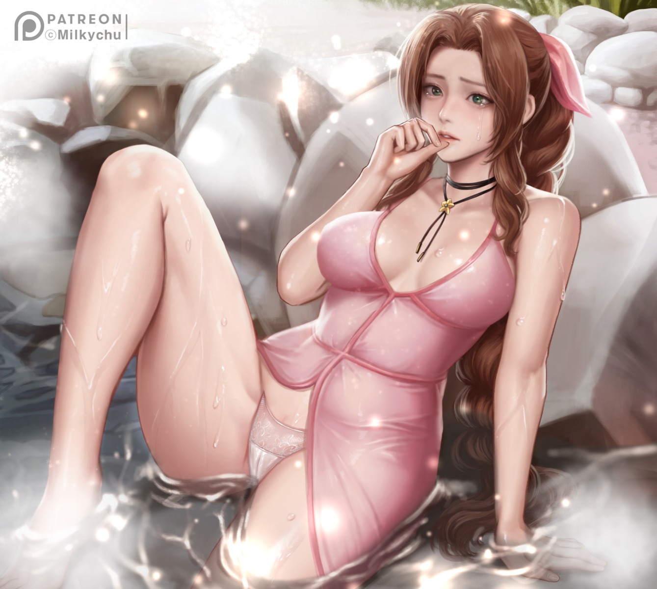 aerith_gainsborough cameltoe dress final_fantasy final_fantasy_vii milkychu no_bra onsen pantsu see_through skirt_lift wet wet_clothes