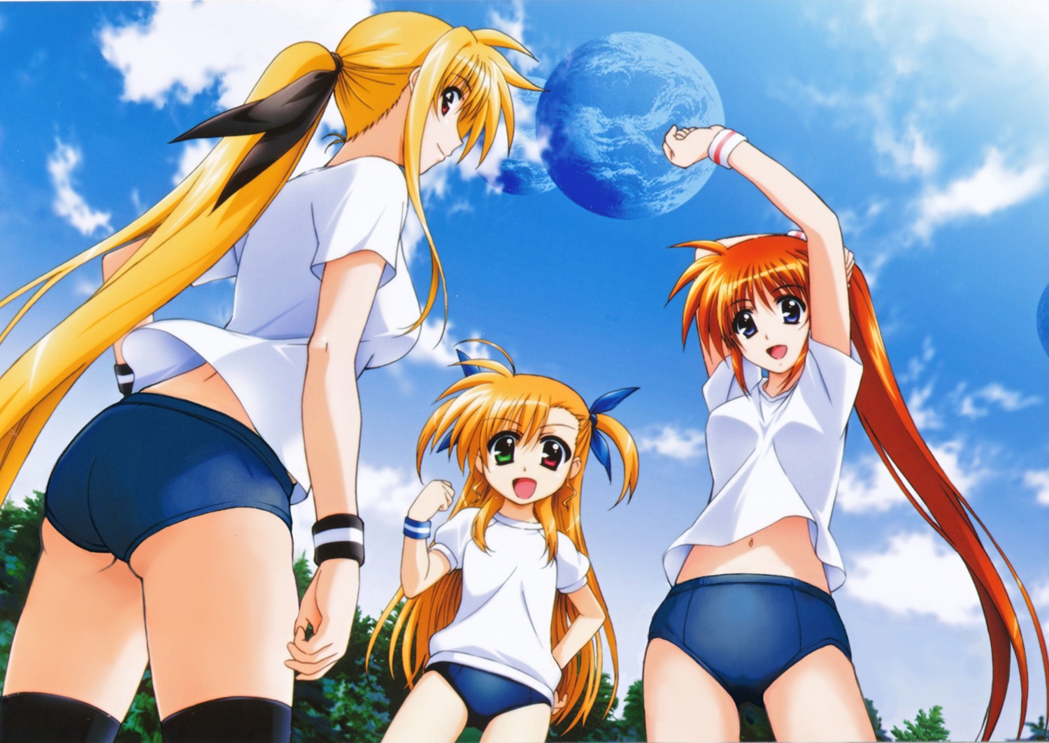 buruma fate_testarossa gym_uniform heterochromia mahou_shoujo_lyrical_nanoha mahou_shoujo_lyrical_nanoha_strikers okuda_yasuhiro photoshop takamachi_nanoha thighhighs vivio