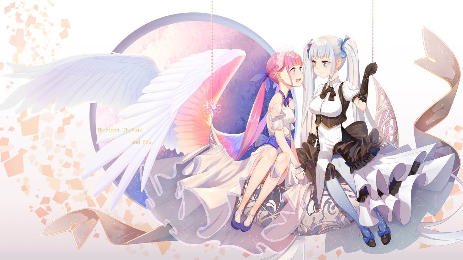 crossover dress heels heterochromia hololive kagura_mea kagura_mea_channel maid minato_aqua pantyhose skirt_lift wings yao_unripe yuri