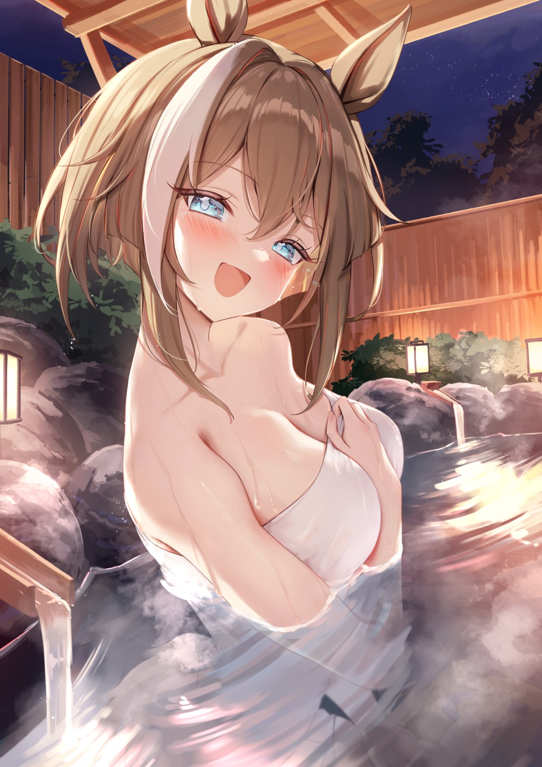 animal_ears bathing breast_hold cheval_grand_(umamusume) onsen saboten_mushi tail towel uma_musume_pretty_derby wet