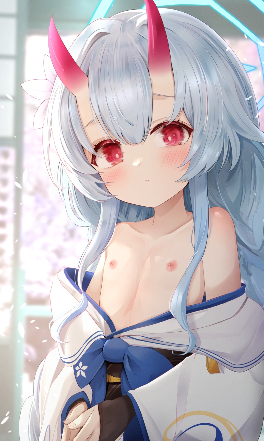 blue_archive breasts flasher_(flasher_ura) halo horns japanese_clothes loli nipples no_bra open_shirt waraku_chise