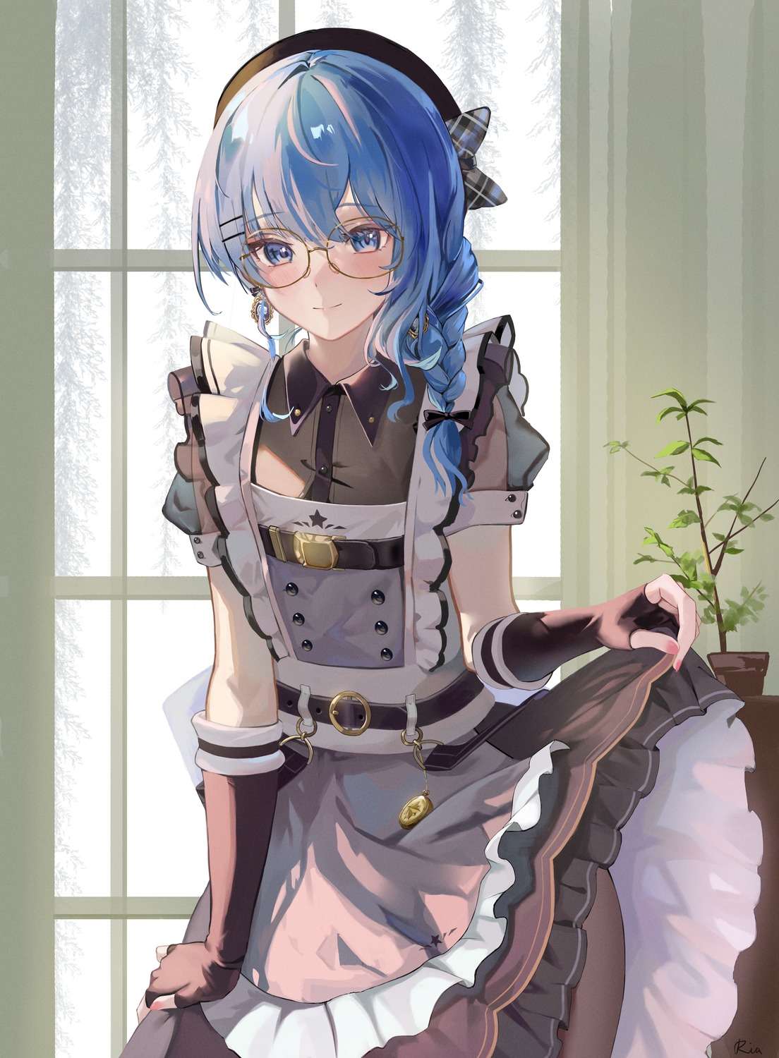 gary_huang hololive hoshimachi_suisei maid megane pantyhose see_through skirt_lift