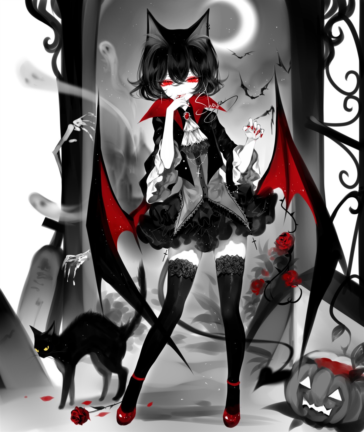 animal_ears blood halloween neko nekomimi sheya tail thighhighs