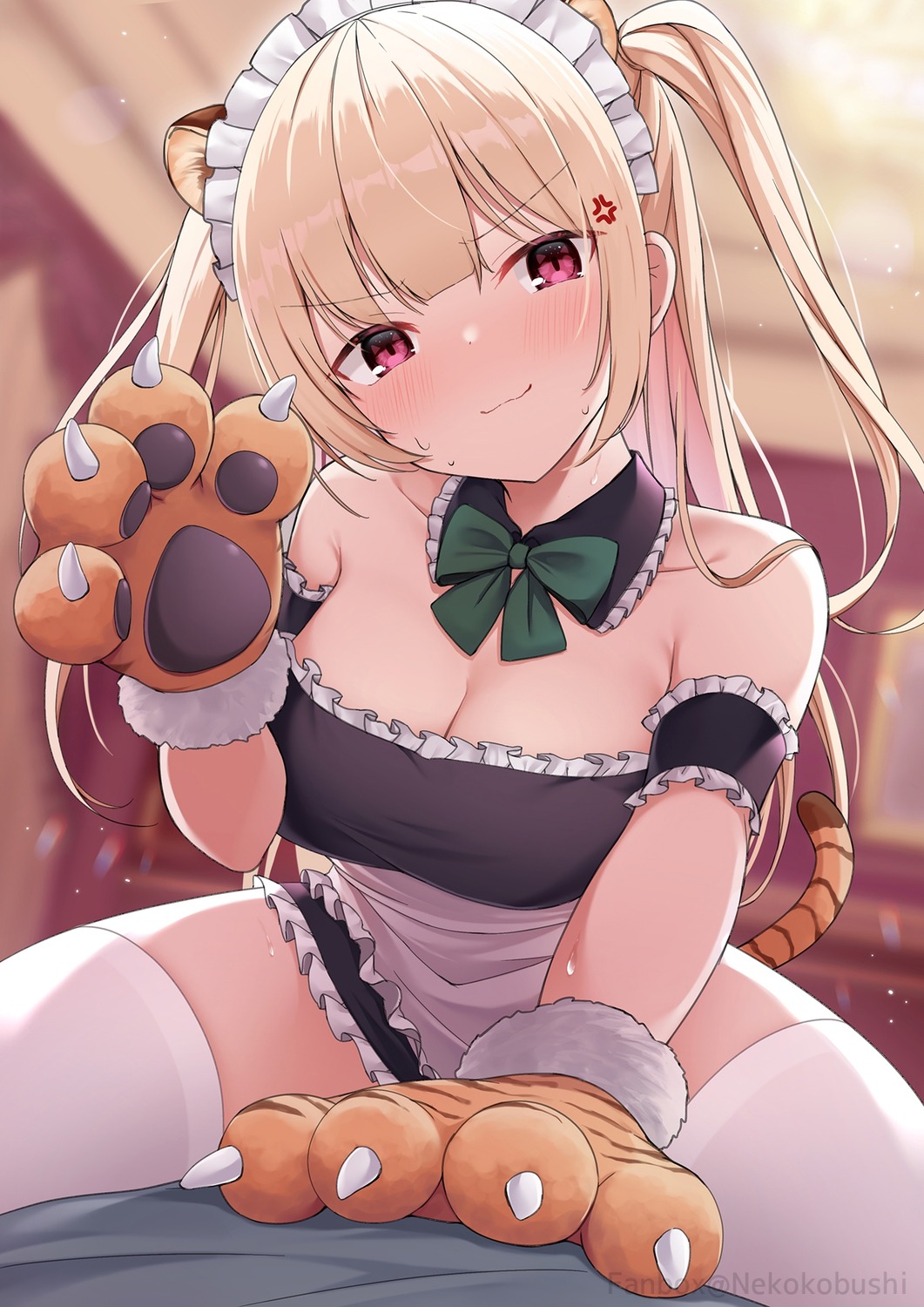 animal_ears cleavage maid nekokobushi no_bra skirt_lift tail thighhighs