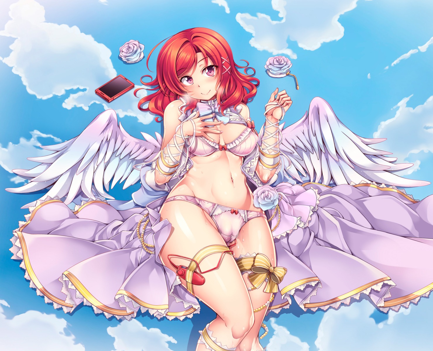 bra breast_hold cameltoe garter love_live! nishikino_maki pantsu pussy_juice vibrator wet windart windarteam wings