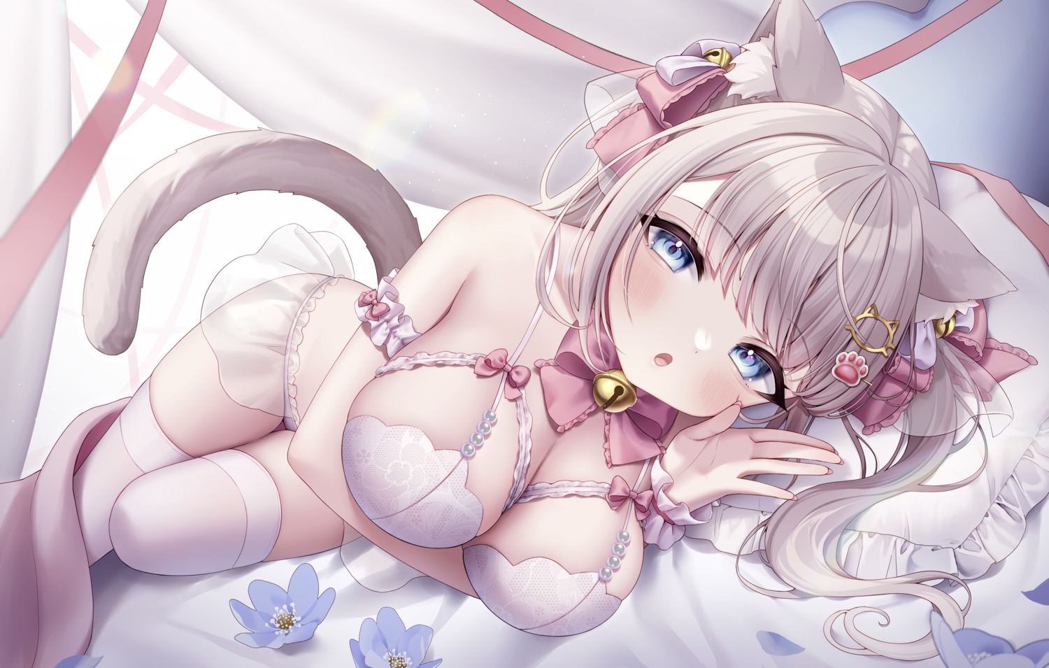 animal_ears bra indie_virtual_youtuber koneko_chiari lingerie monuke_(monu) nekomimi pantsu see_through sheets tail thighhighs