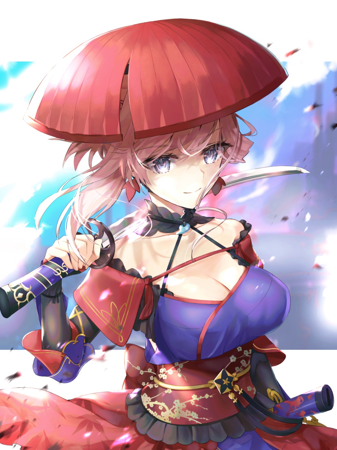 cleavage fate/grand_order hane_yuki japanese_clothes miyamoto_musashi_(fate/grand_order) sword