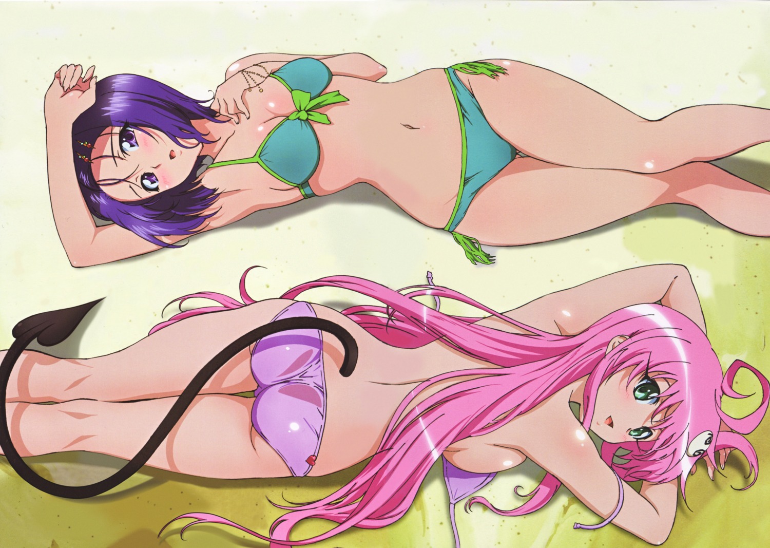 ass bikini cleavage lala_satalin_deviluke norita_takumo sairenji_haruna swimsuits tail to_love_ru topless