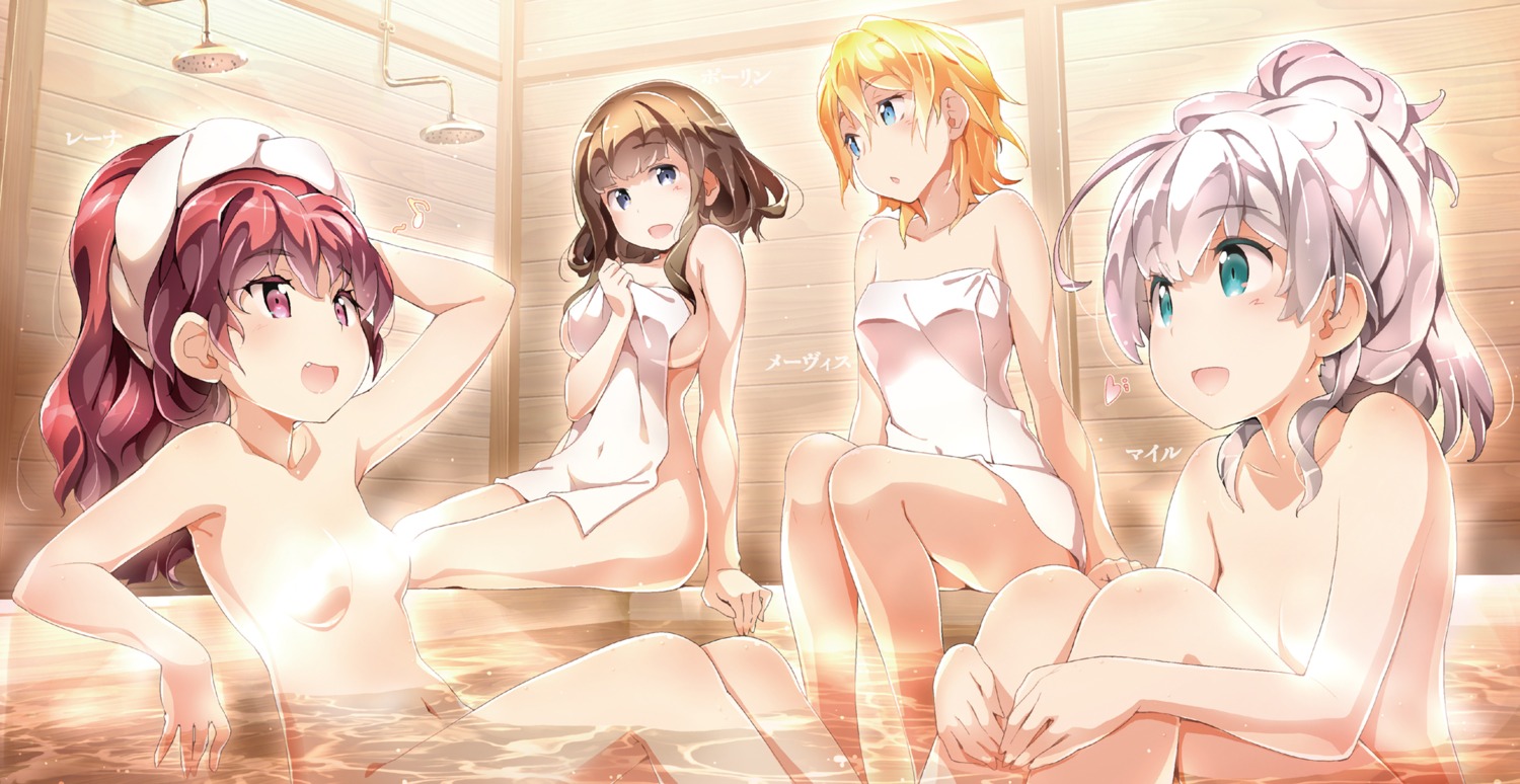 akata_itsuki censored digital_version mavis_von_austien mile_(noukin) naked onsen pauline_(noukin) reina_(noukin) towel watashi_nouryoku_wa_heikinchi_de_tte_itta_yo_ne! wet