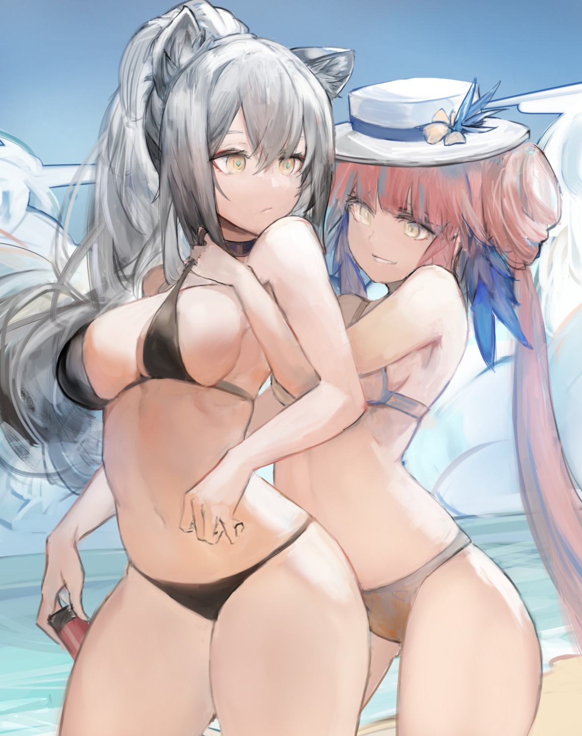 animal_ears arknights bikini ceylon_(arknights) gnai nekomimi schwarz_(arknights) swimsuits yuri