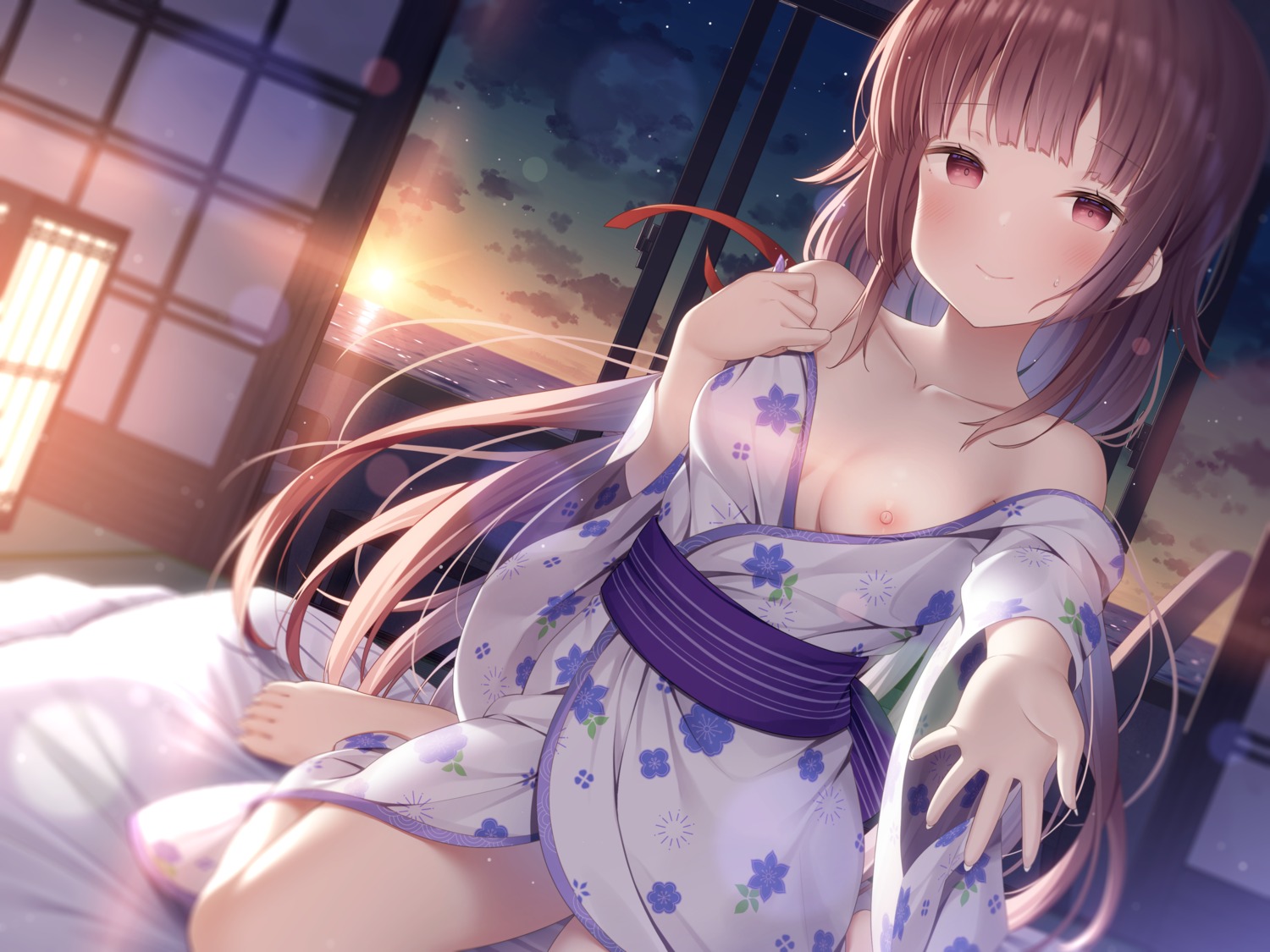 breasts kaname_(you02421) nipples no_bra open_shirt skirt_lift undressing yukata